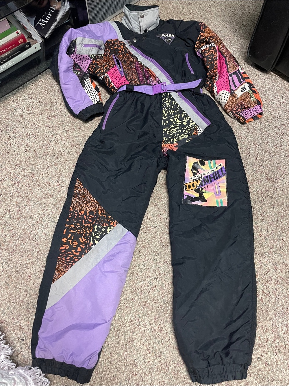 Vintage 80s batwing zip front Black & neon patterned One-Piece Ski Jumpsuit
